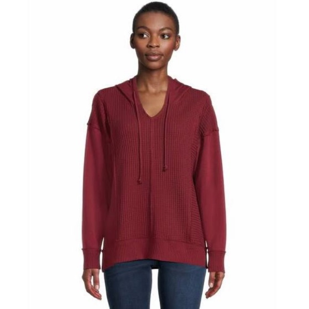 Time and Tru Waffle Texture Knit Hoodie Burgundy Red Size Large